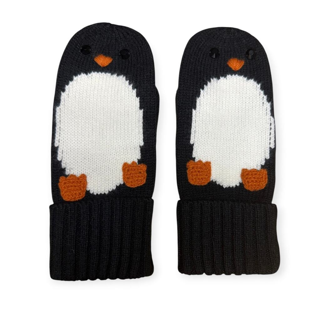 Kate Spade Penguin Mittens Black White Wool Blend Knit Whimsical Winter